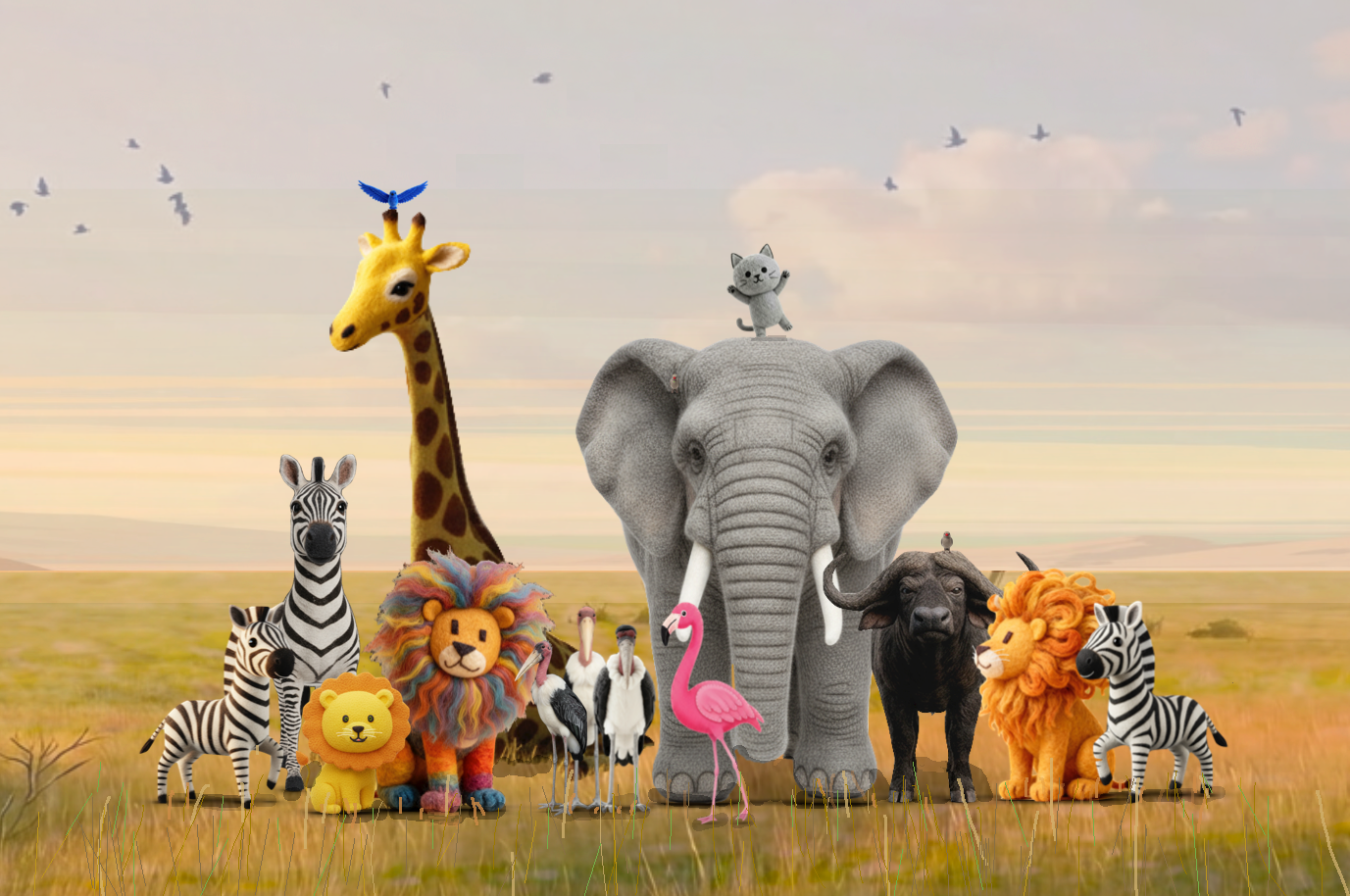 Scène illustrée de savane avec les animaux du livre